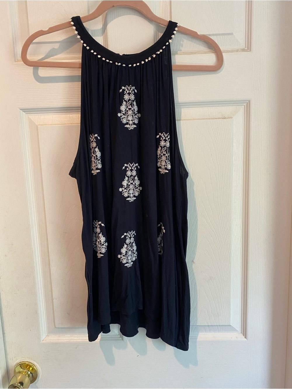 LOFT Navy Tank Top with White Embroidered Motifs